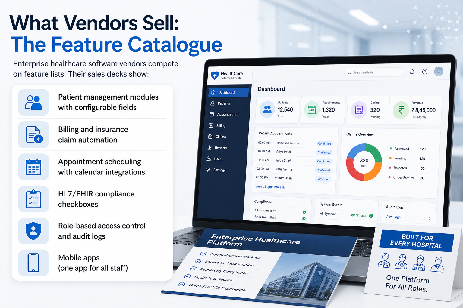 Enterprise healthcare software feature catalogue showing patient management, billing automation, appointment scheduling, HL7/FHIR compliance, role-based access control, audit logs, and a unified mobile app dashboard.