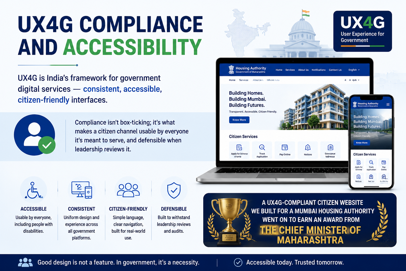UX4G compliance and accessible government website infographic.