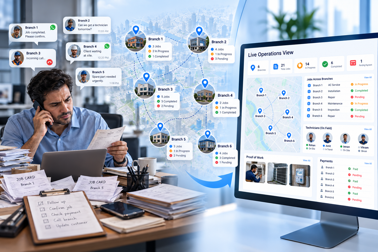 Illustration showing multi-branch service challenges, scattered job updates, and a centralized dashboard for real-time field service tracking.