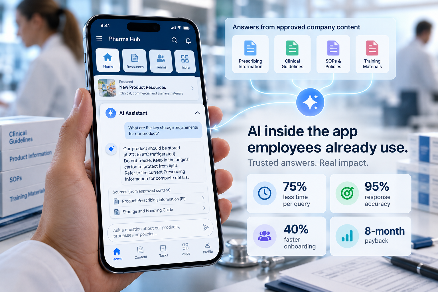 AI assistant inside a pharma app delivering trusted answers from approved company content.