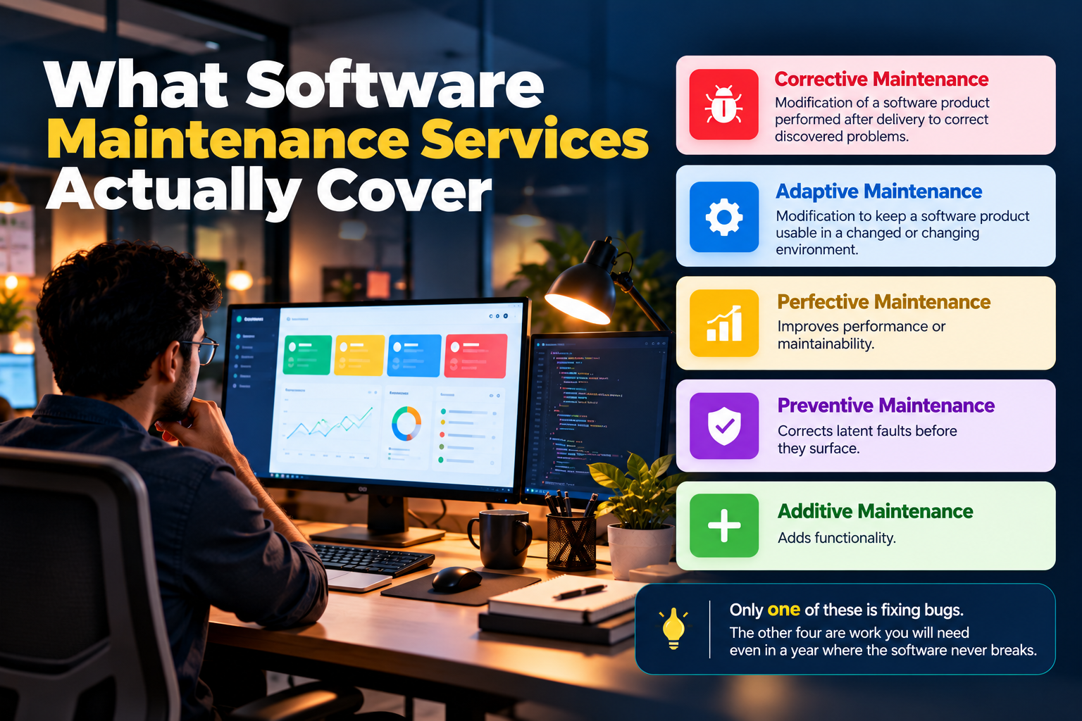 Software engineer reviewing five types of software maintenance.