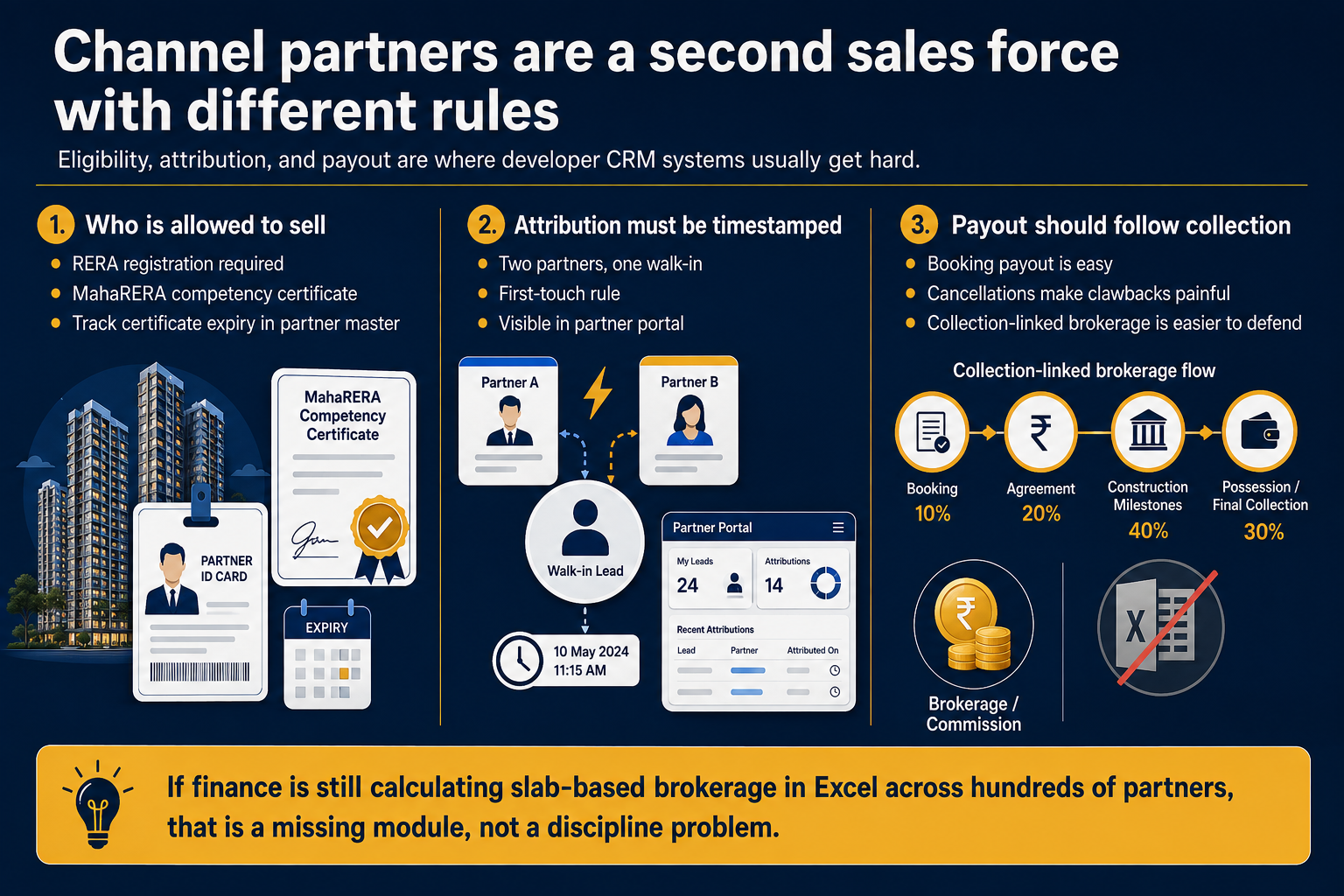 Channel partner CRM rules covering eligibility, attribution, and brokerage payouts.