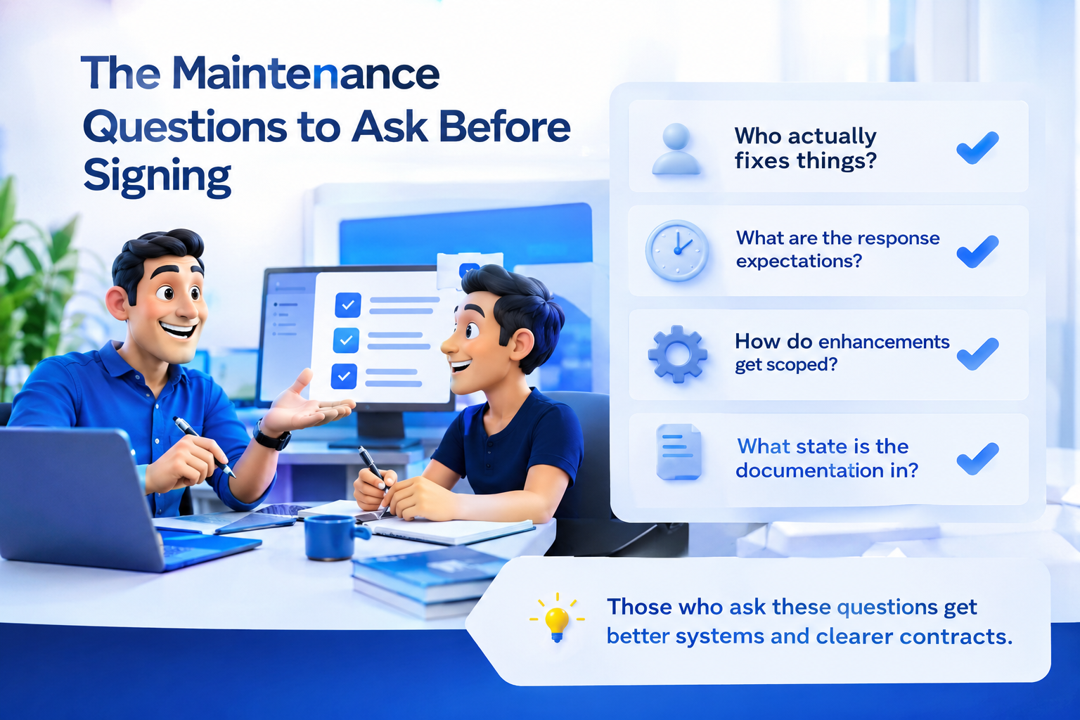 Infographic showing four essential software maintenance questions to ask vendors before signing a contract.