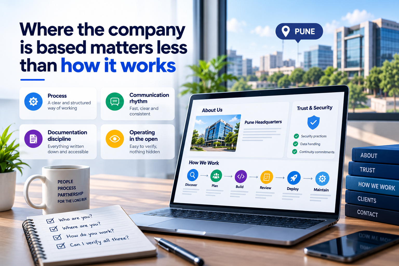 Software vendor evaluation highlighting process, communication, documentation, and transparency over company location, with a Pune office visual.