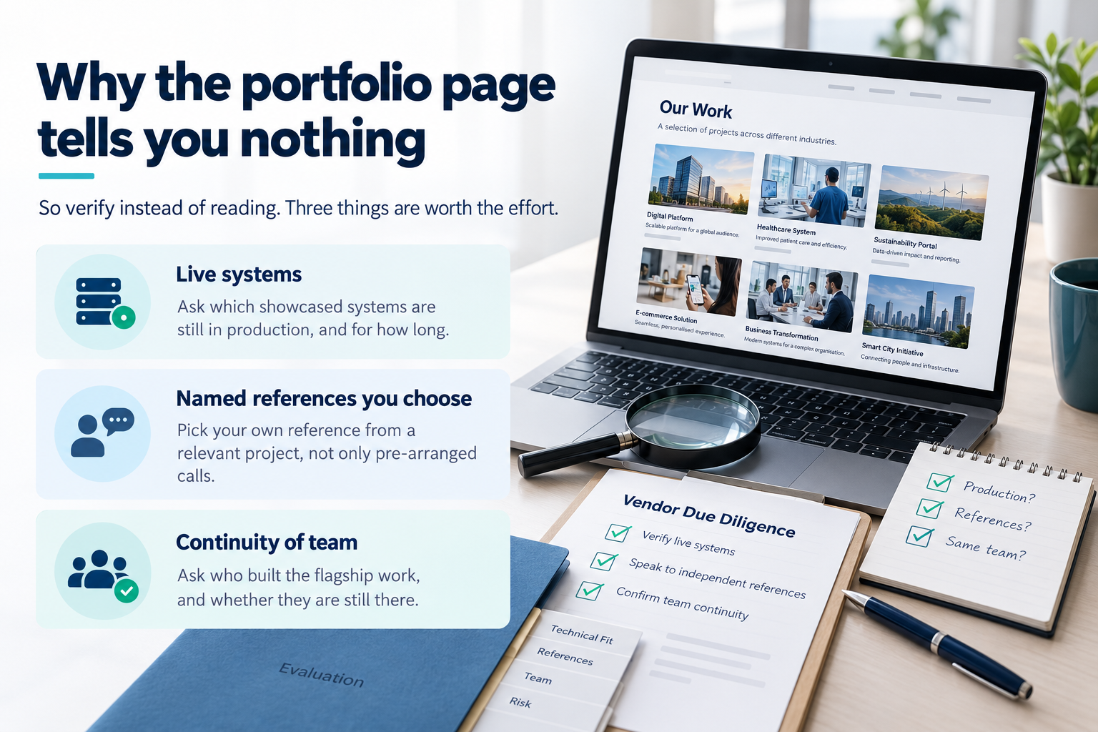 Software vendor portfolio evaluation highlighting live systems, client references, and team continuity with a due diligence checklist.