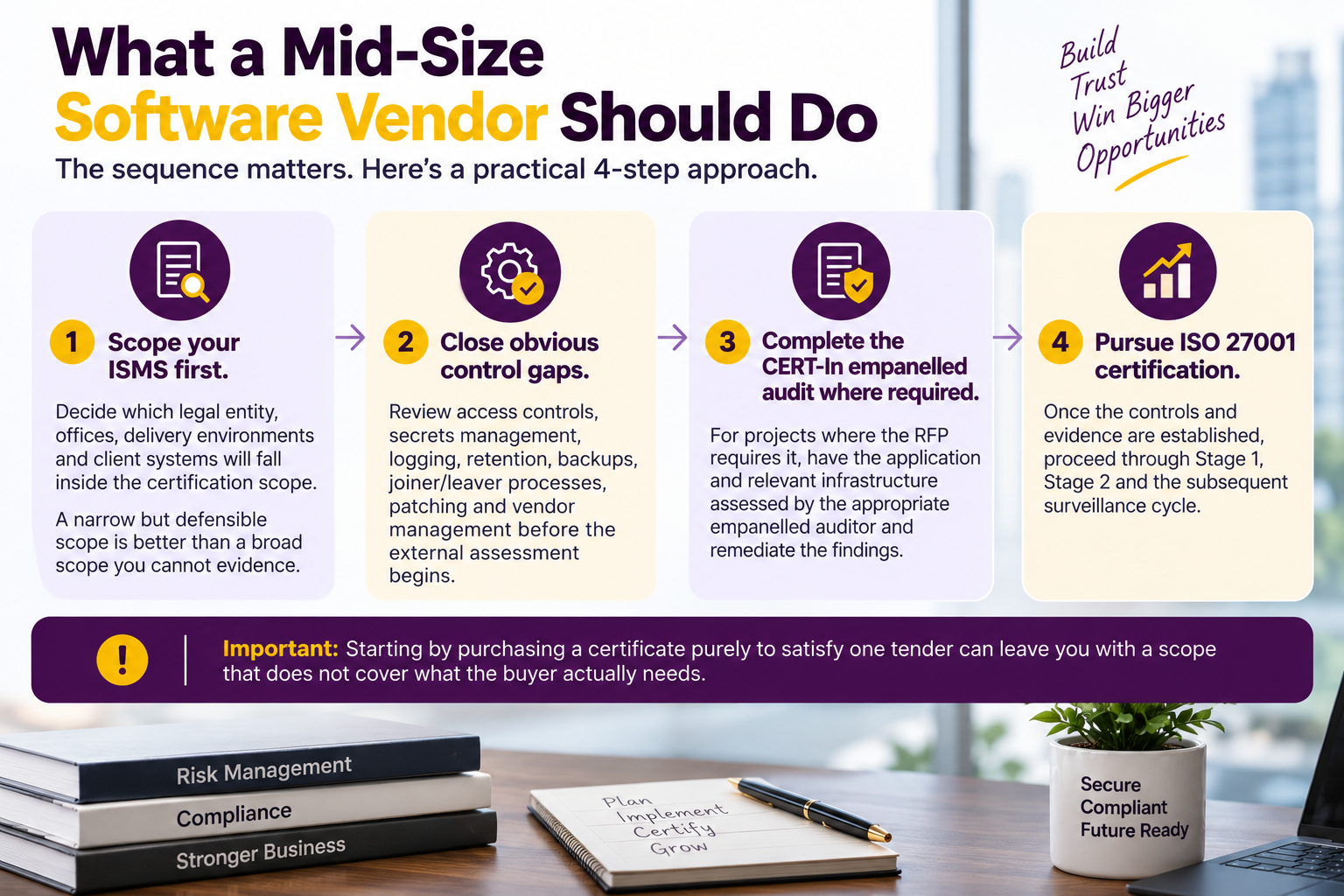 Four-step security compliance roadmap for mid-size software vendors.