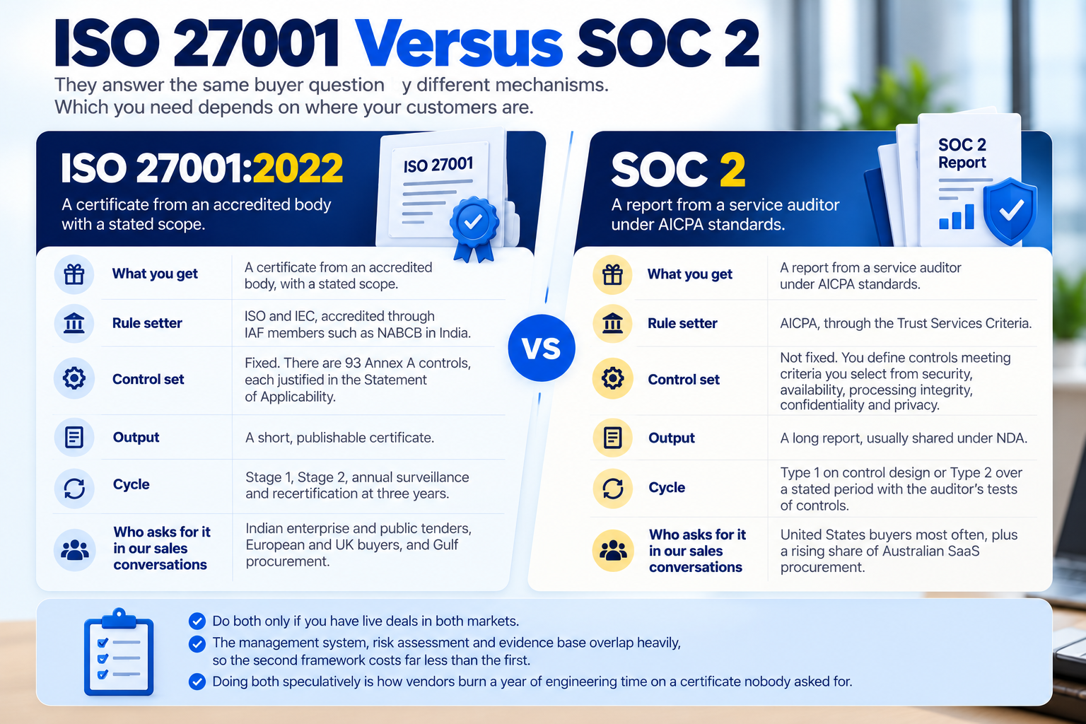 ISO 27001 vs SOC 2 comparison of controls, audits, outputs, and buyer requirements.