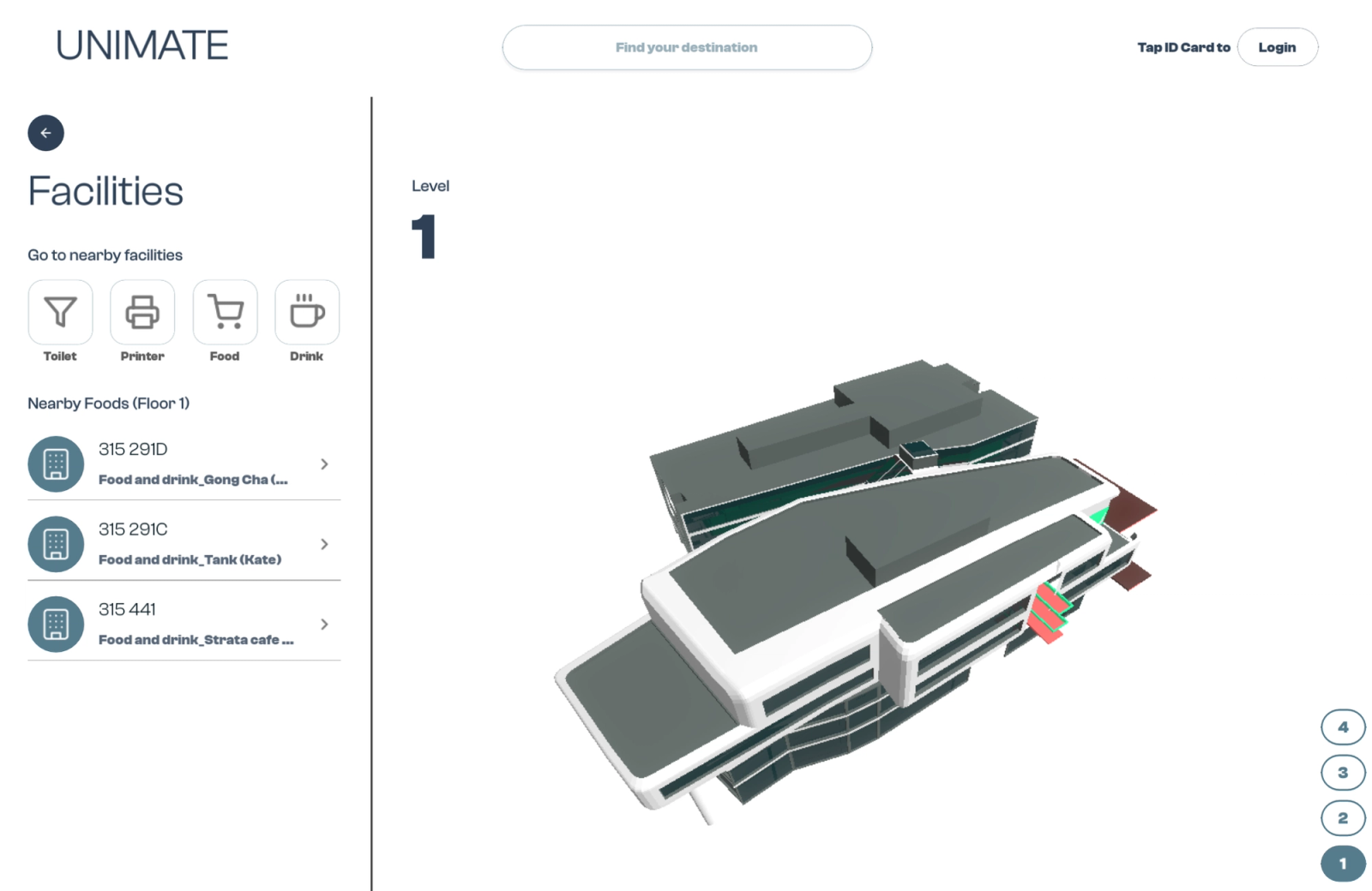 UNIMATE facilities panel showing nearby printers on floor 2