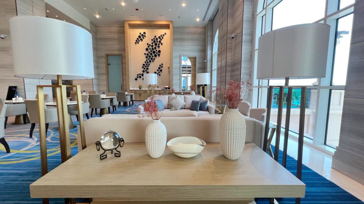 Hotel lobby with commissioned wall installation