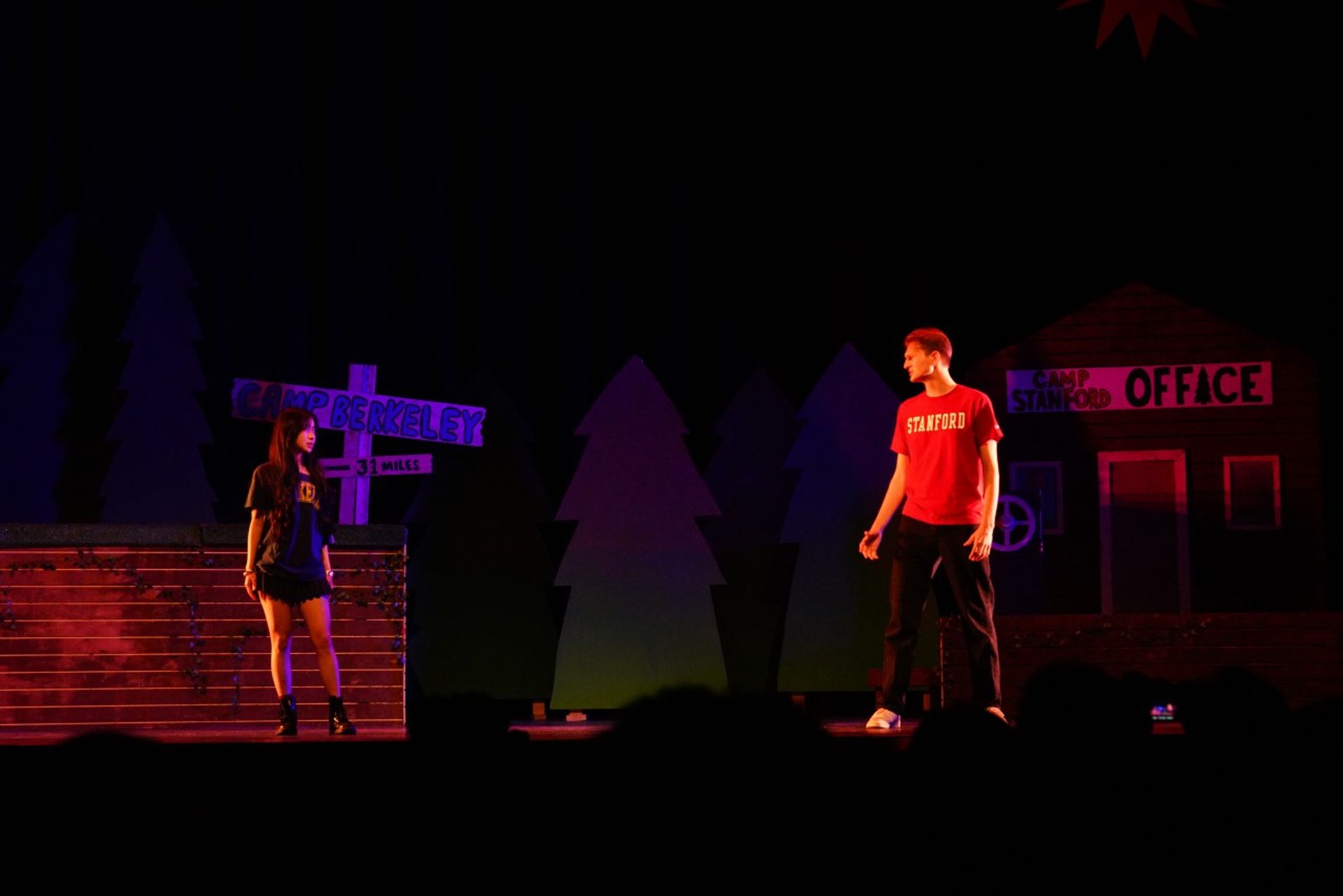 Camp Stanford Gaieties cast in cardinal red on stage