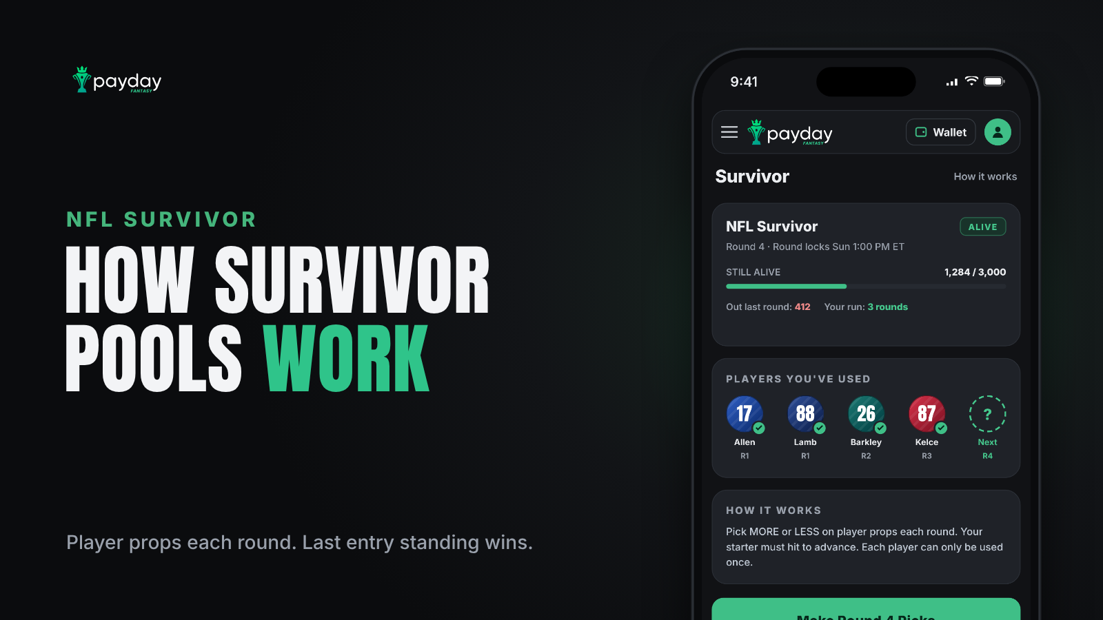 Payday Fantasy app showing an NFL Survivor contest with round picks