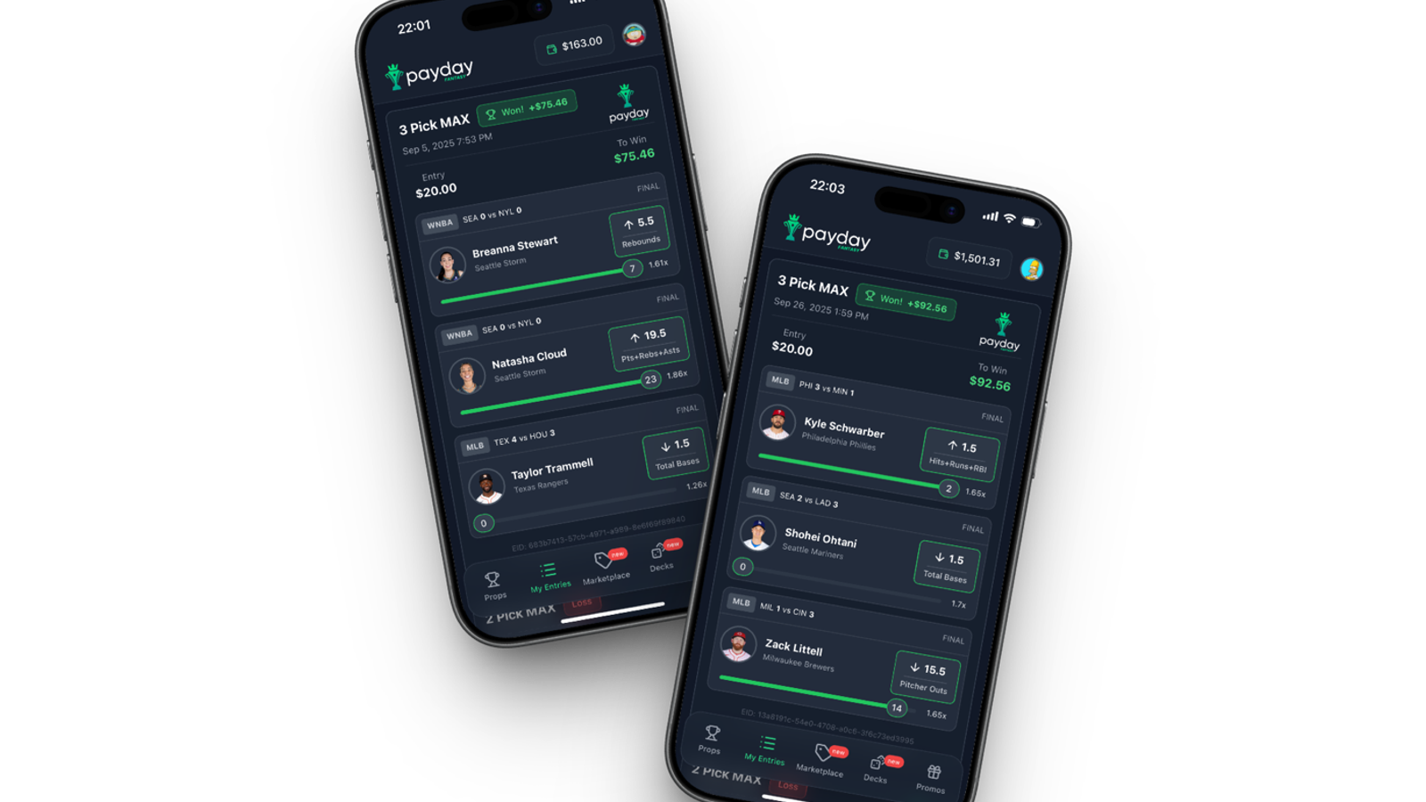 Payday Fantasy app showing two settled winning 3 Pick MAX player prop entries