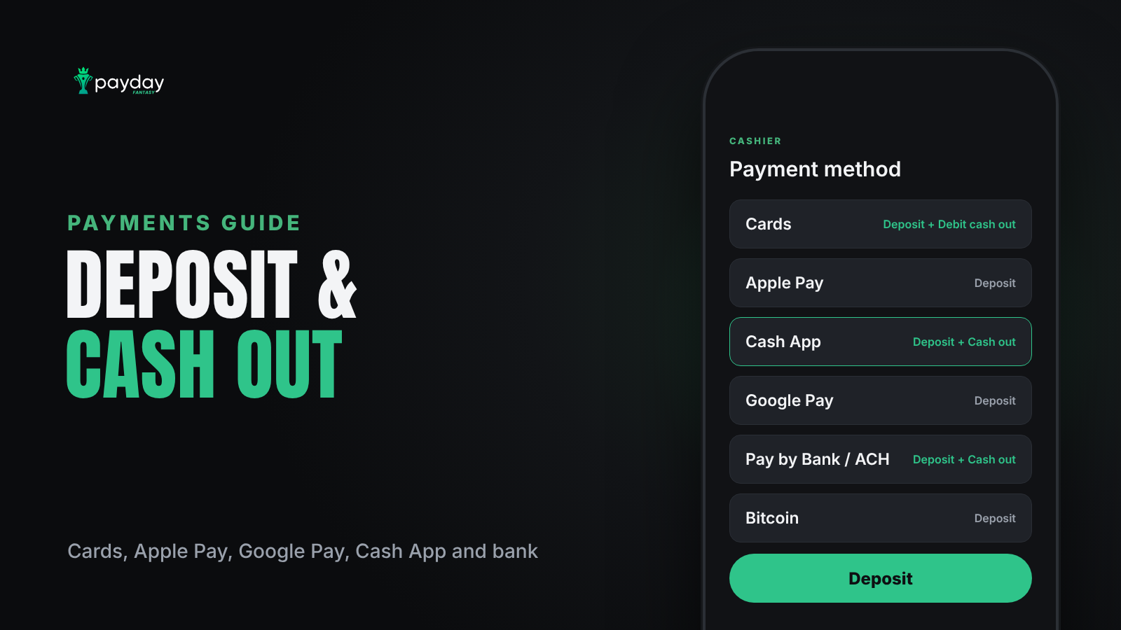 Payday Fantasy deposit and payout methods: cards, Apple Pay, Google Pay, Cash App and bank