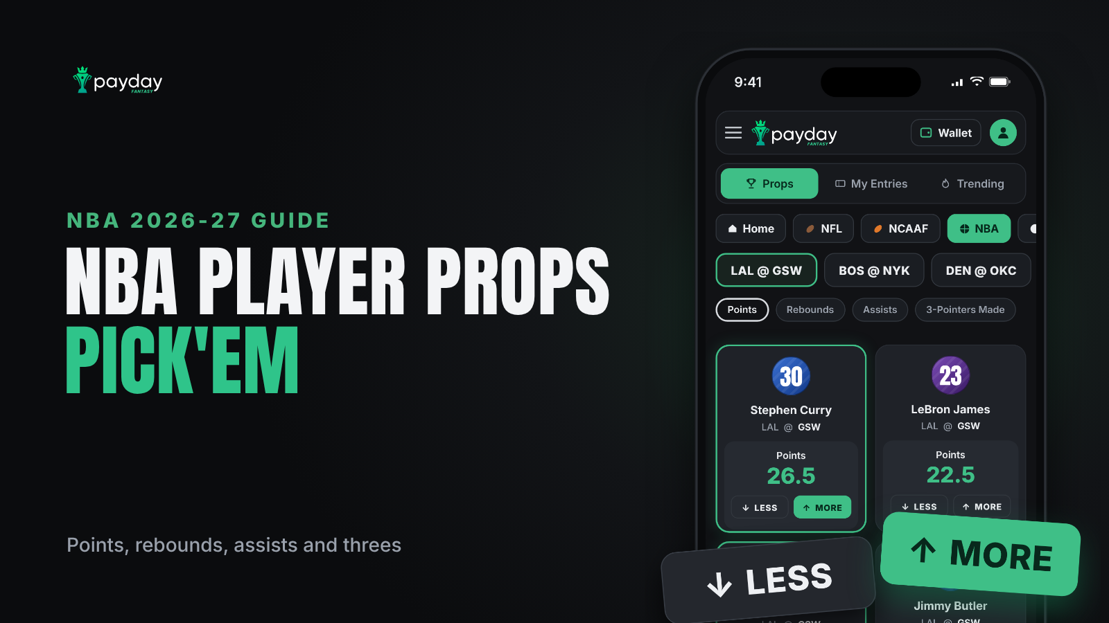 Payday Fantasy app showing NBA player prop picks with MORE and LESS buttons