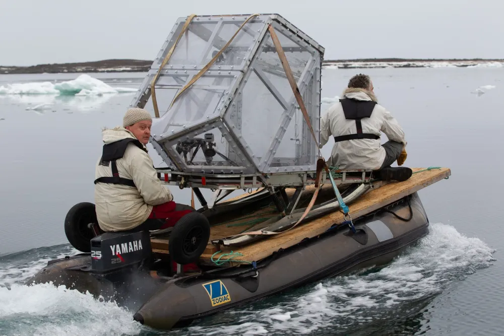 PolarX crew transports a custom-built protective camera rig by inflatable boat through Arctic waters near Svalbard. Specialized marine logistics like these are essential for safe and effective wildlife filming in polar regions, where mobility and resilience are critical.
