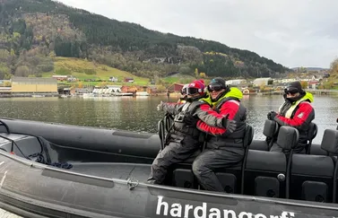 Participants on the fam trip exploring Hardangerfjord by RIB boat, including Supervising Location Manager and Scout John Rakich (center). The group experienced Norway’s dramatic fjord landscapes up close during their visit to Hardanger.