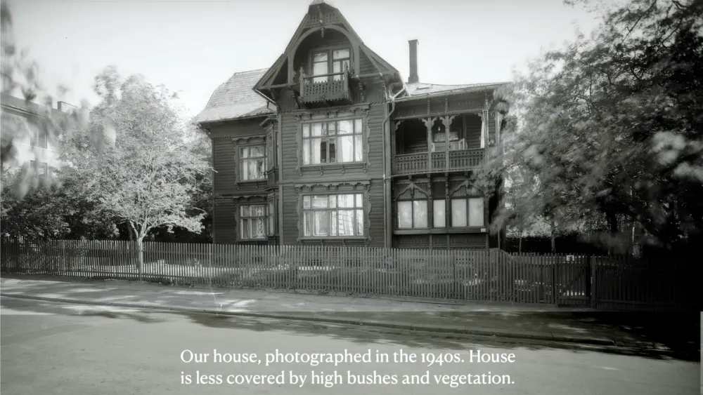 Black-and-white 1940s photograph of the Frogner villa used in Sentimental Value, with minimal vegetation in front.