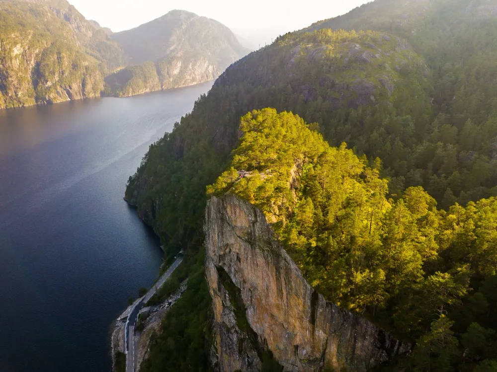 Modalen – a quiet fjord village north of Bergen, framed by steep mountains and forests.