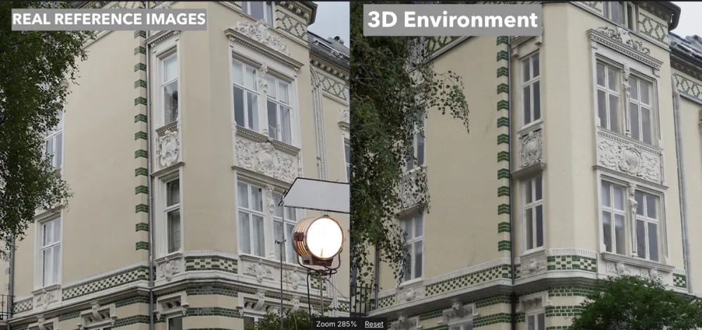 Side-by-side image showing a real photo of a historic building façade on the left and a nearly identical 3D environment reconstruction on the right.