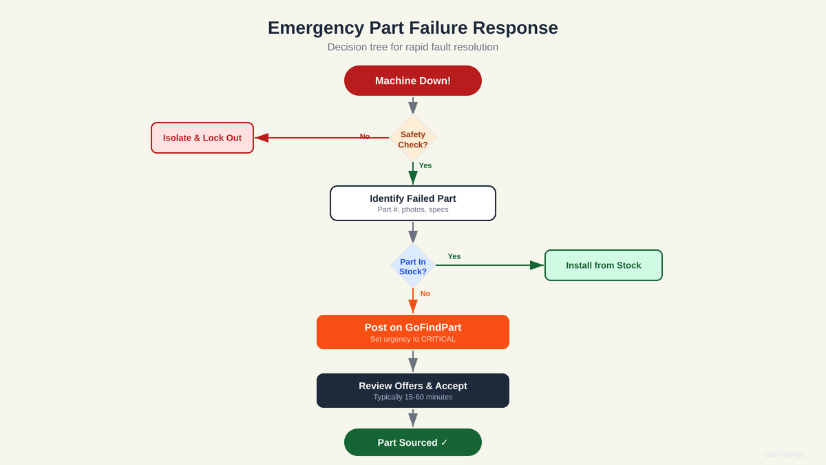 Emergency response decision tree from machine failure through safety check, part identification, and sourcing