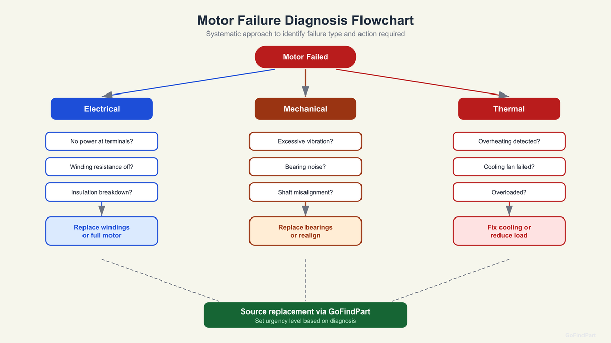 Motor failure diagnosis flowchart with three branches: electrical, mechanical, and thermal failure paths