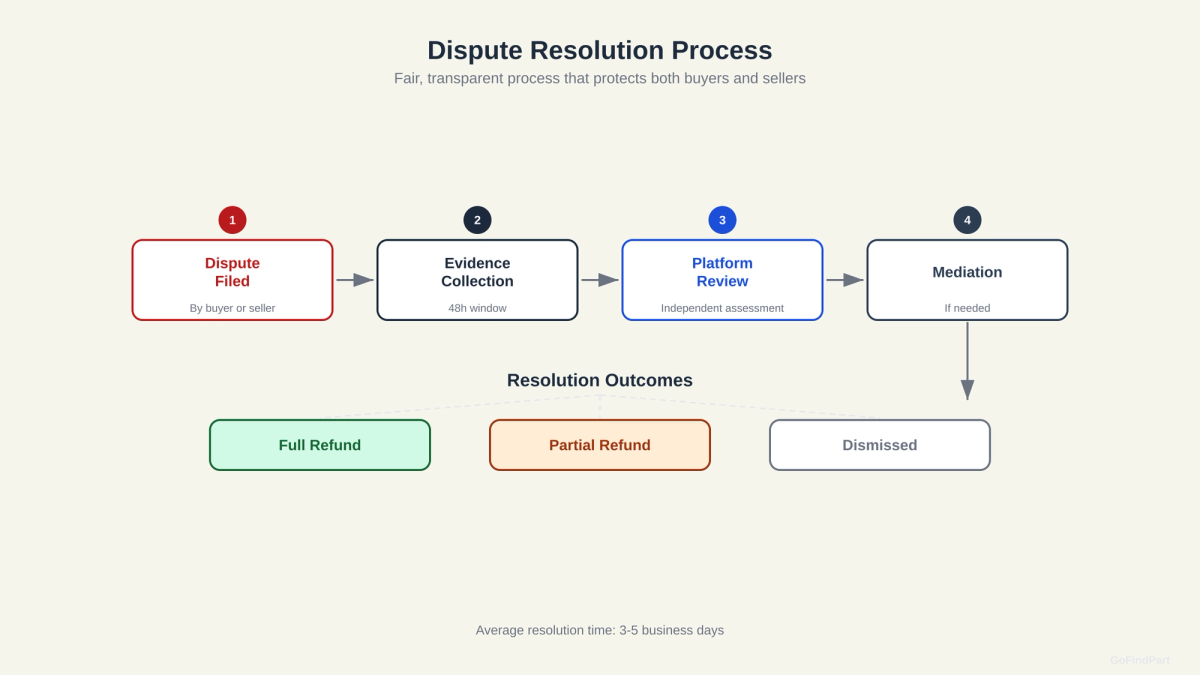 Dispute resolution process flow from filing through evidence collection, review, mediation, to three possible outcomes