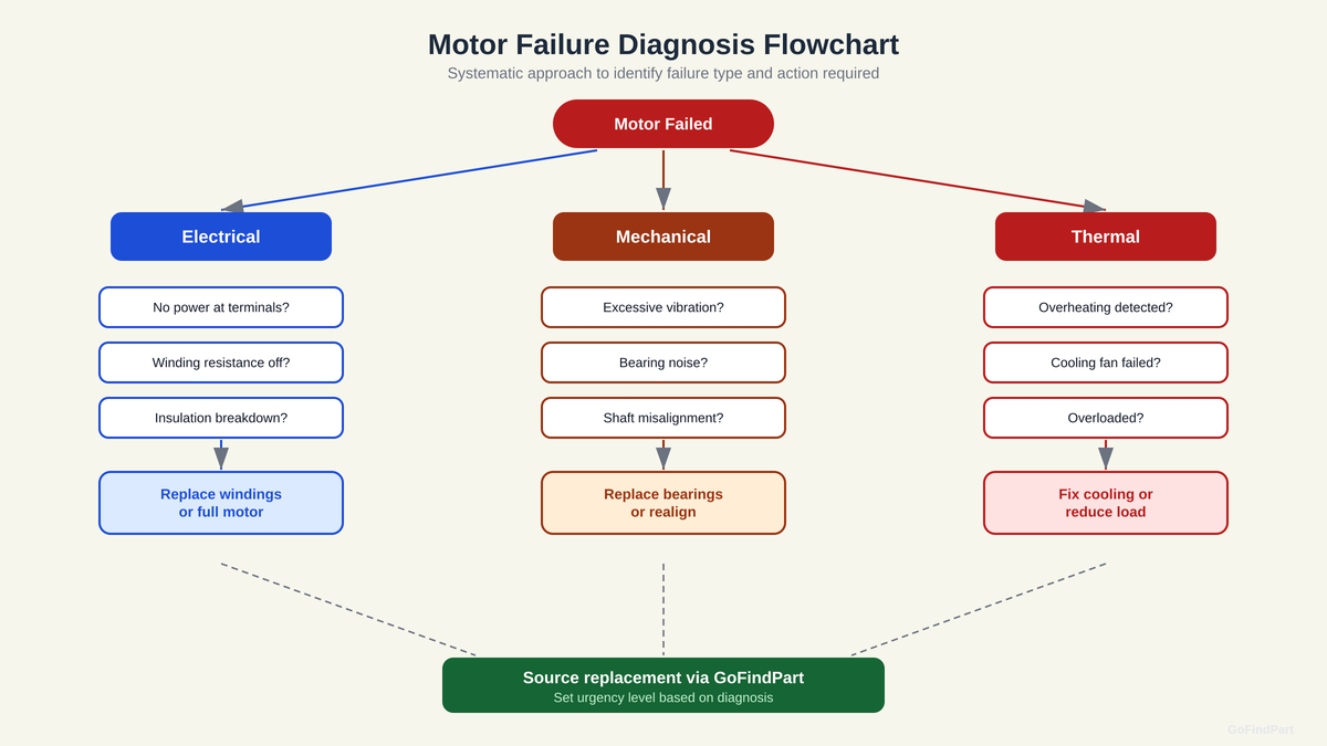 Motor failure diagnosis flowchart with three branches: electrical, mechanical, and thermal failure paths