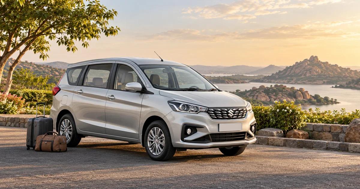 Illustration of a silver Ertiga with travel bags at a landscaped roadside stop
