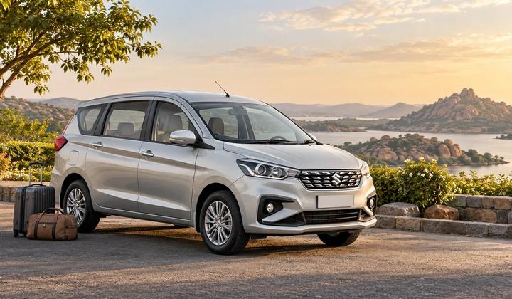 Illustration of a silver Ertiga with travel bags at a landscaped roadside stop