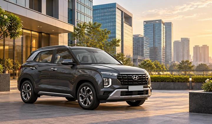 Illustration of a grey Creta parked near offices in Hyderabad's Financial District