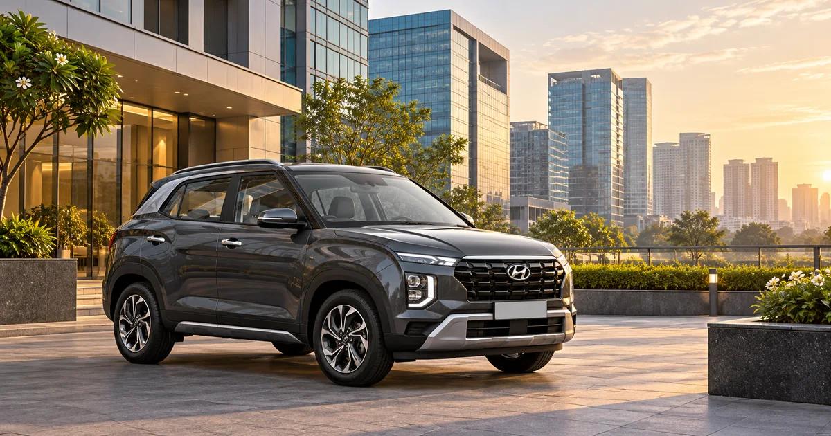 Illustration of a grey Creta parked near offices in Hyderabad's Financial District