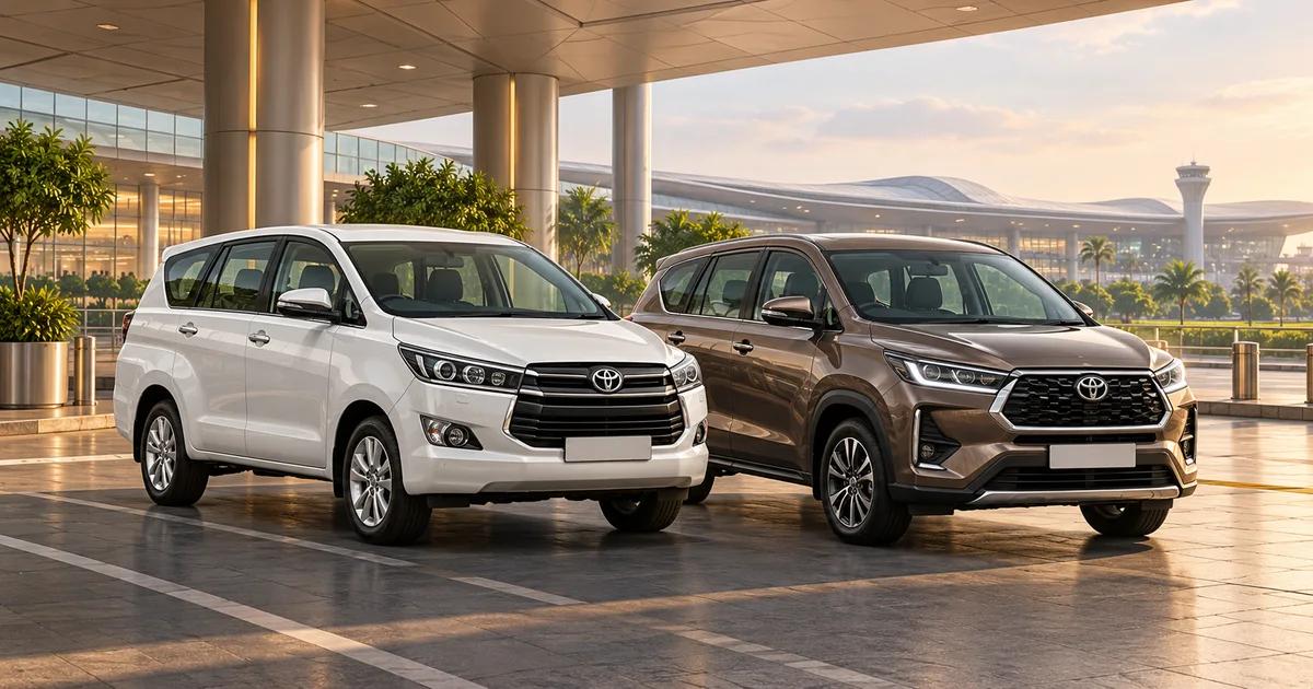 Illustration of Toyota Innova MPVs parked at a covered airport pickup forecourt