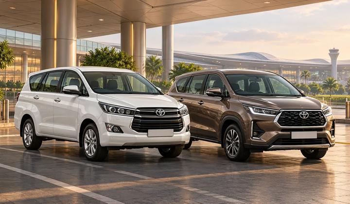 Illustration of Toyota Innova MPVs parked at a covered airport pickup forecourt