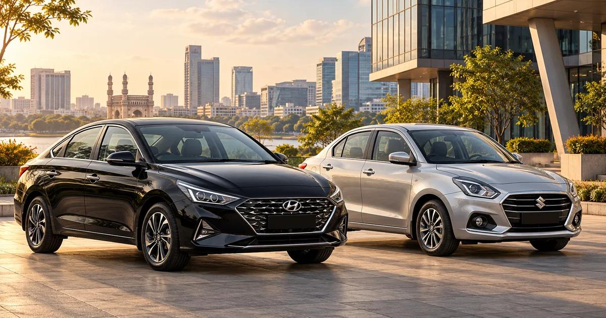 Illustration of a black Verna and silver Dzire parked near Hyderabad office buildings