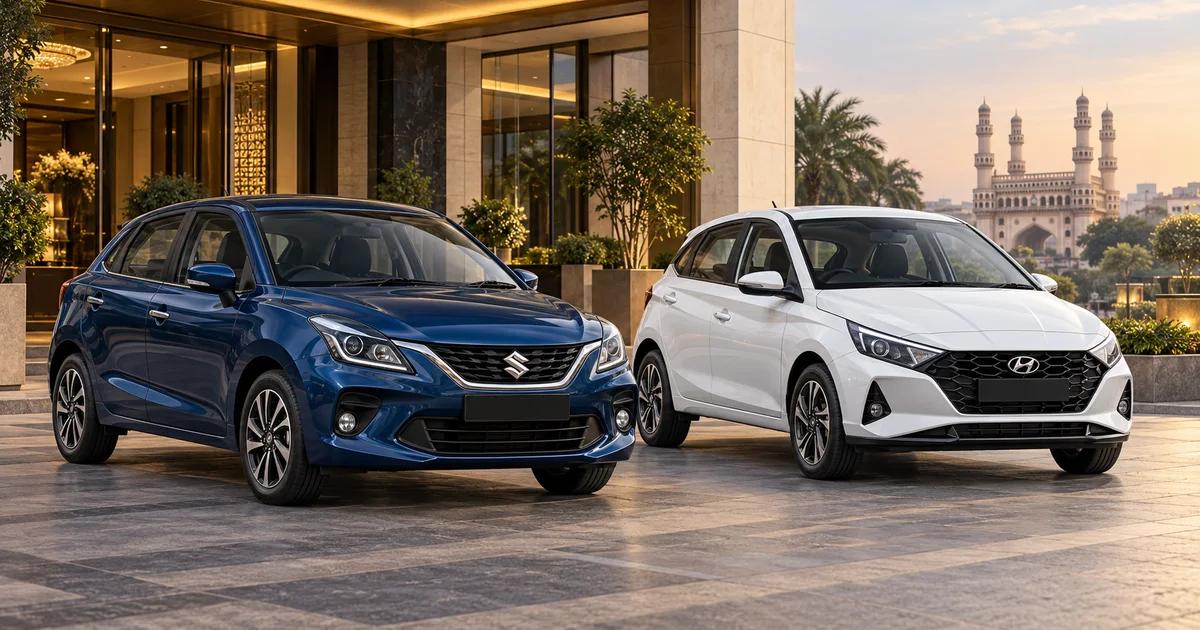 Illustration of a blue Baleno and white i20 parked outside a Hyderabad hotel