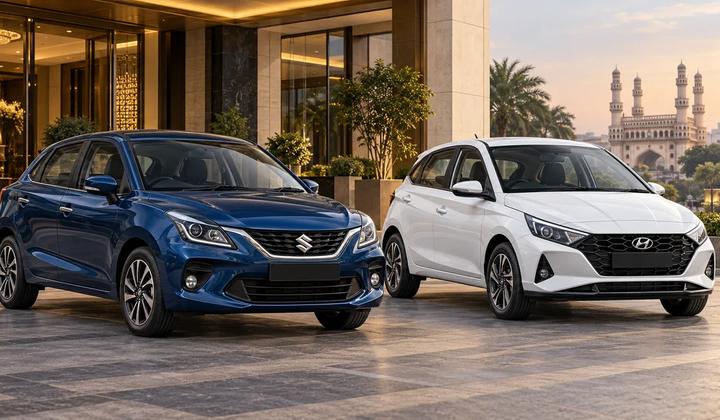Illustration of a blue Baleno and white i20 parked outside a Hyderabad hotel