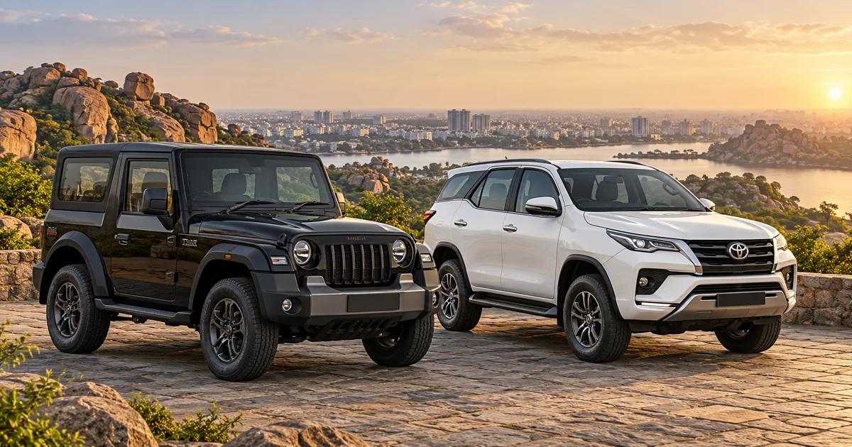 Illustration of a black three-door Thar and white Fortuner parked at a paved scenic overlook