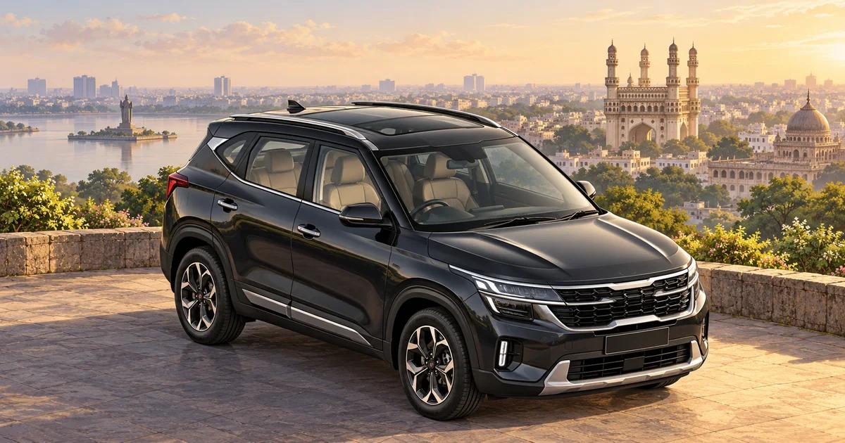 Elevated illustration of a Kia Seltos showing a glass roof against a Hyderabad skyline