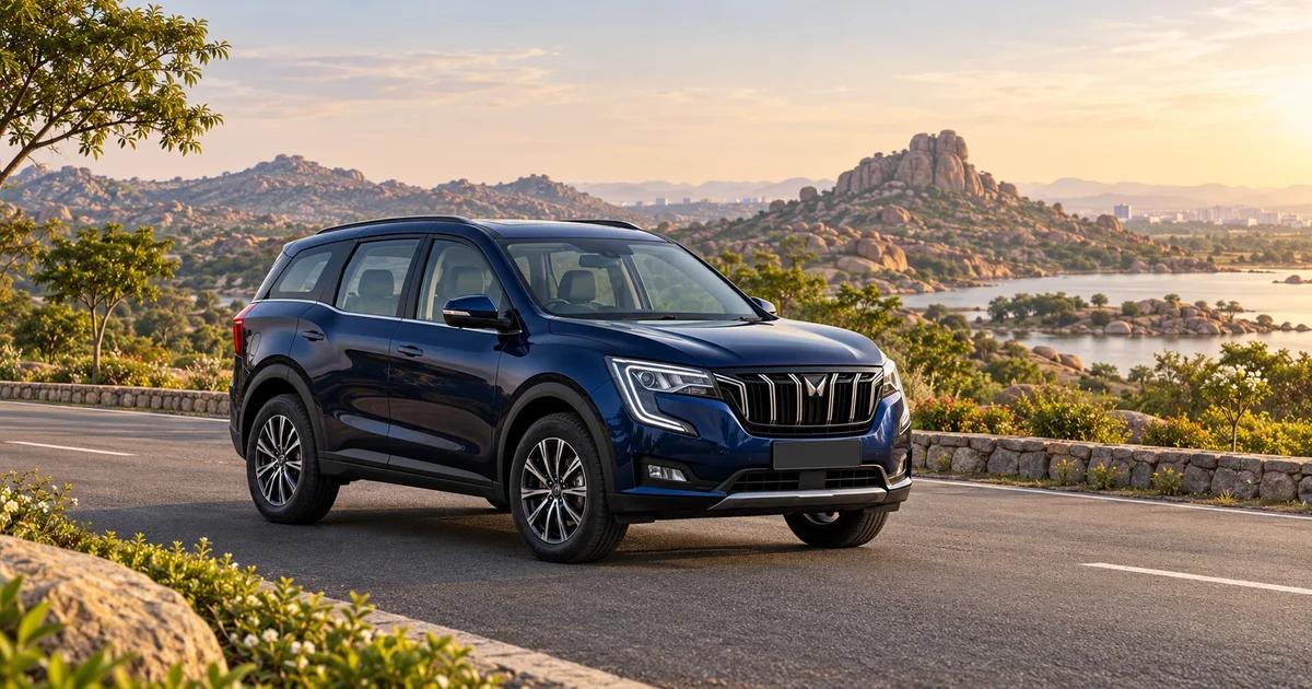 Illustration of a blue XUV700 on a quiet road with granite hills outside Hyderabad