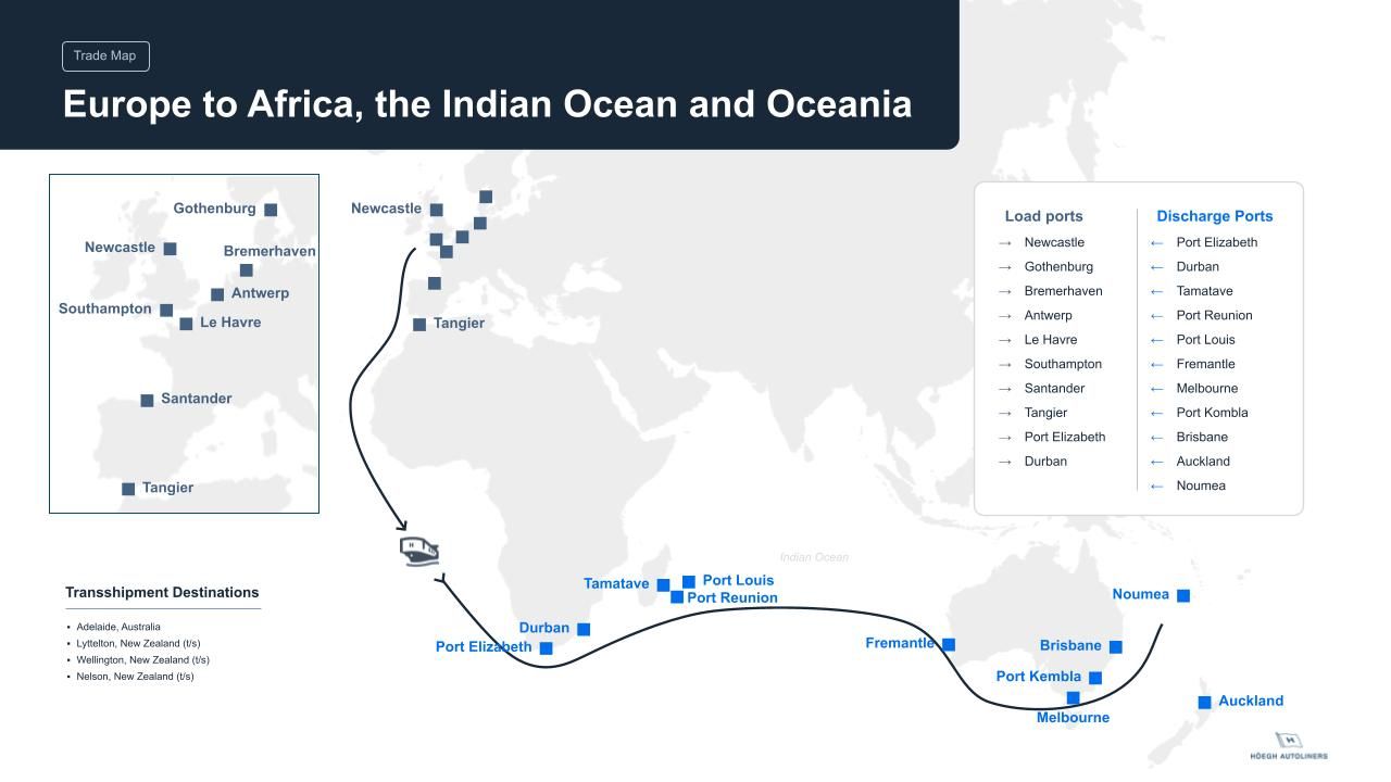 Europe to Africa, the Indian Ocean and Oceania Route