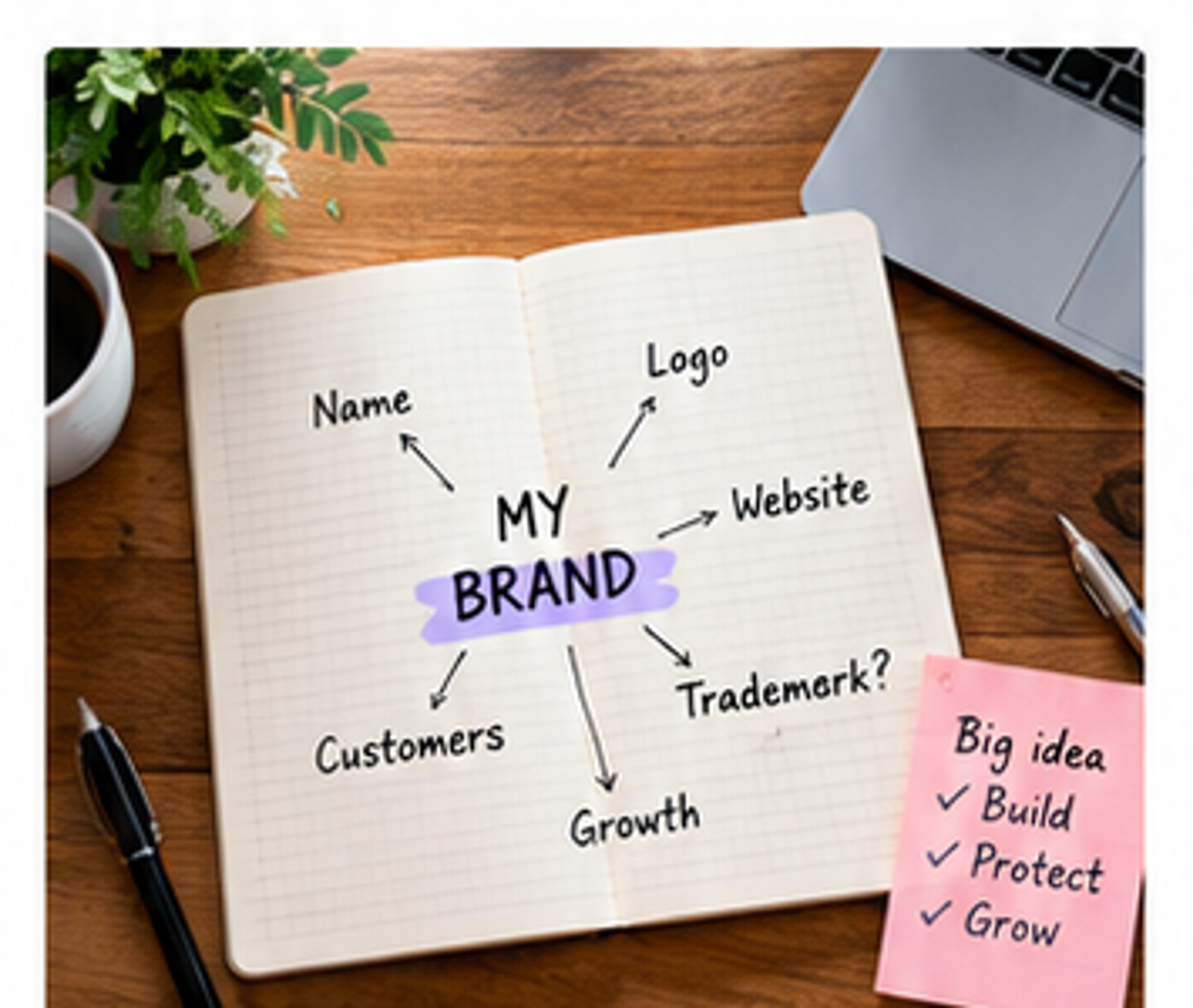 Open notebook mapping a new brand name, logo, website, and customers.