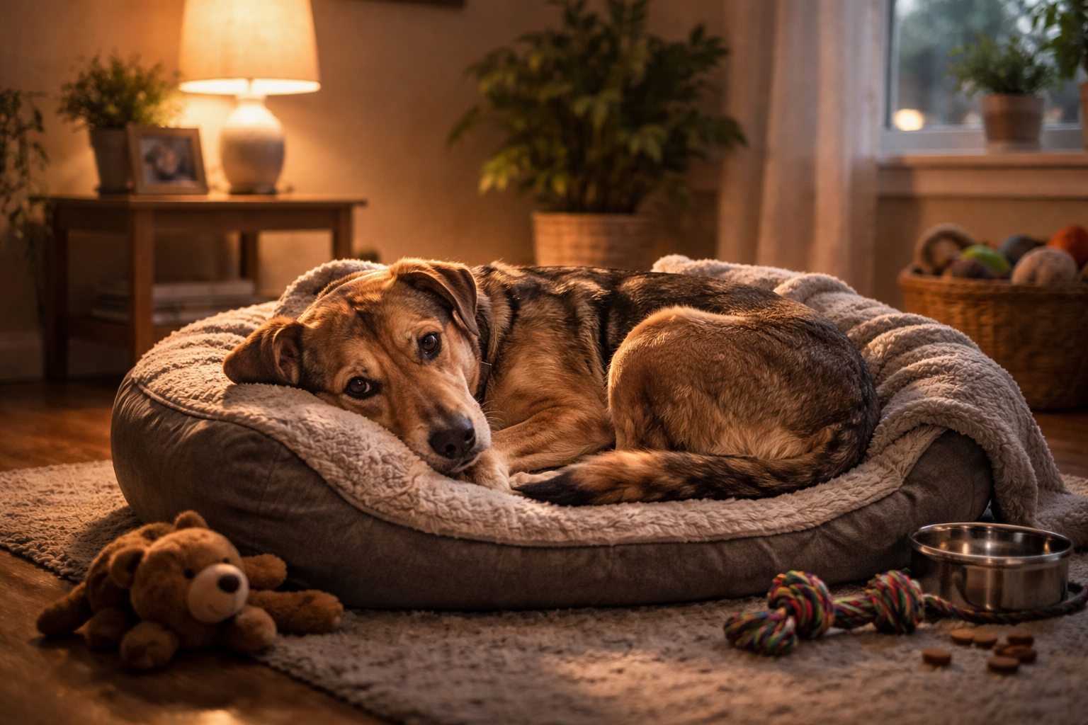 A rescue dog curled up on a dog bed in a softly lit room on their first night in a new home