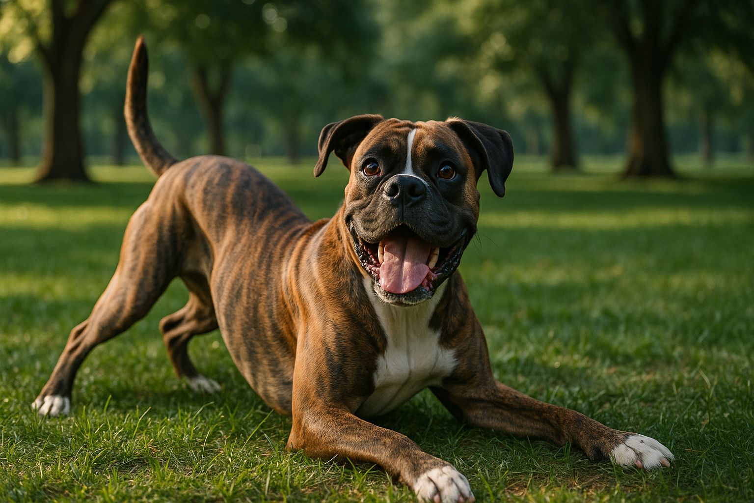 A happy brindle Boxer dog mid play-bow on green grass in a shaded park, early morning light, joyful expression.