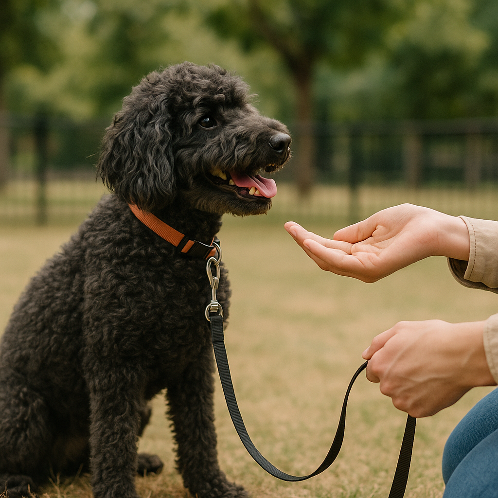 Person offering a treat to a calm dog during a meet-and-greet outdoors