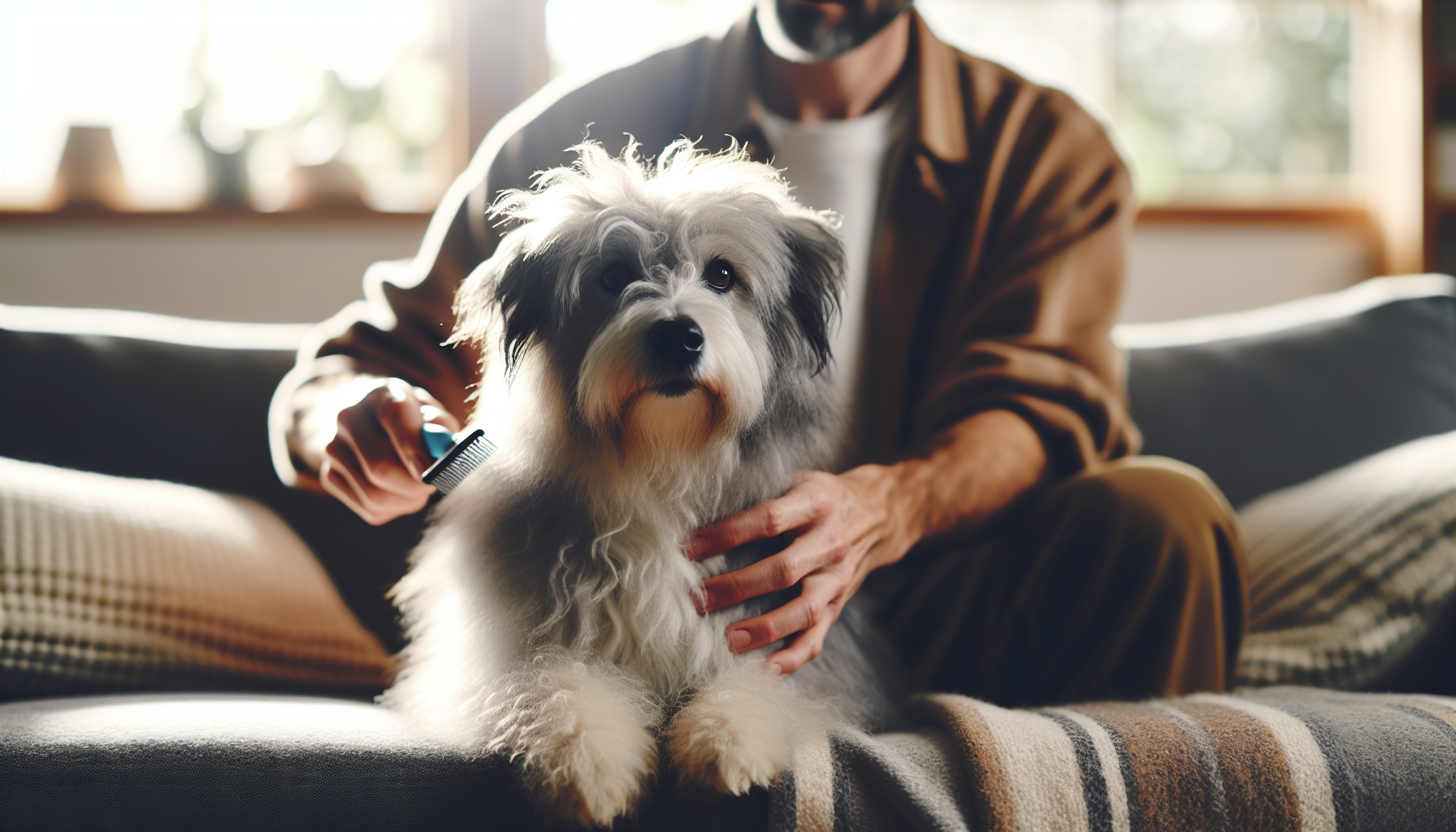 A scruffy gray and white dog lies on a couch while its owner gently combs through its fur, checking the skin beneath.