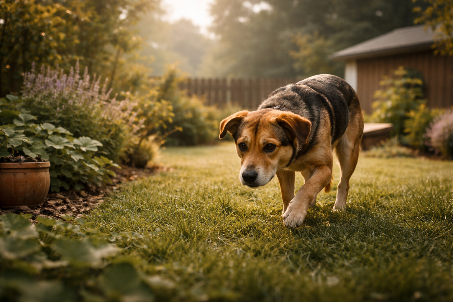 A rescue dog cautiously exploring a backyard in early morning light on their first day home