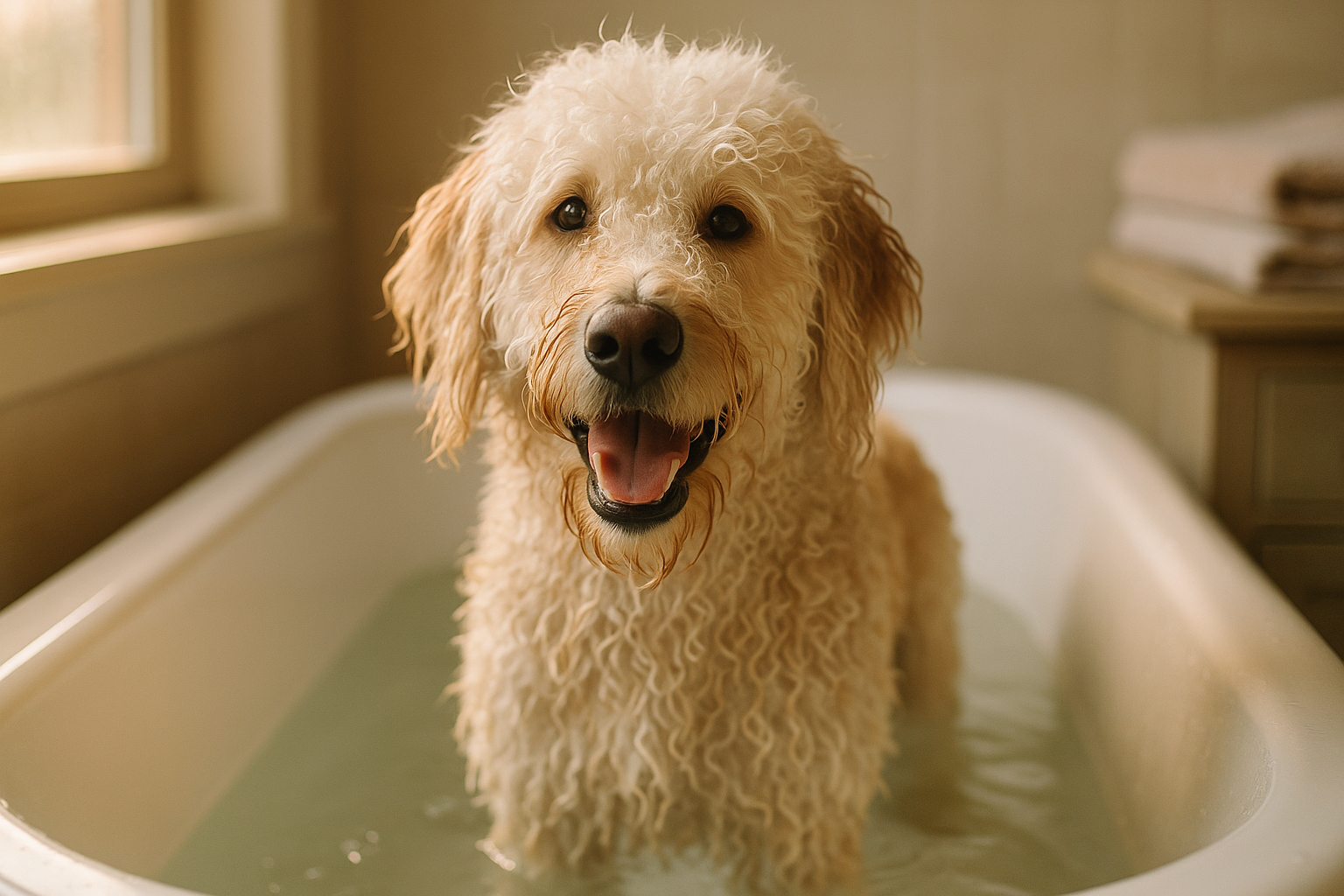 Image of a happy goldendoodle-type mixed dog, slightly wet, standing in a shallow warm bath, soft joyful expression with a gentle open-mouth smile, fluffy curly cream and apricot coat glistening with water droplets, warm natural window light, cozy home bathroom setting with soft towels visible in the background.