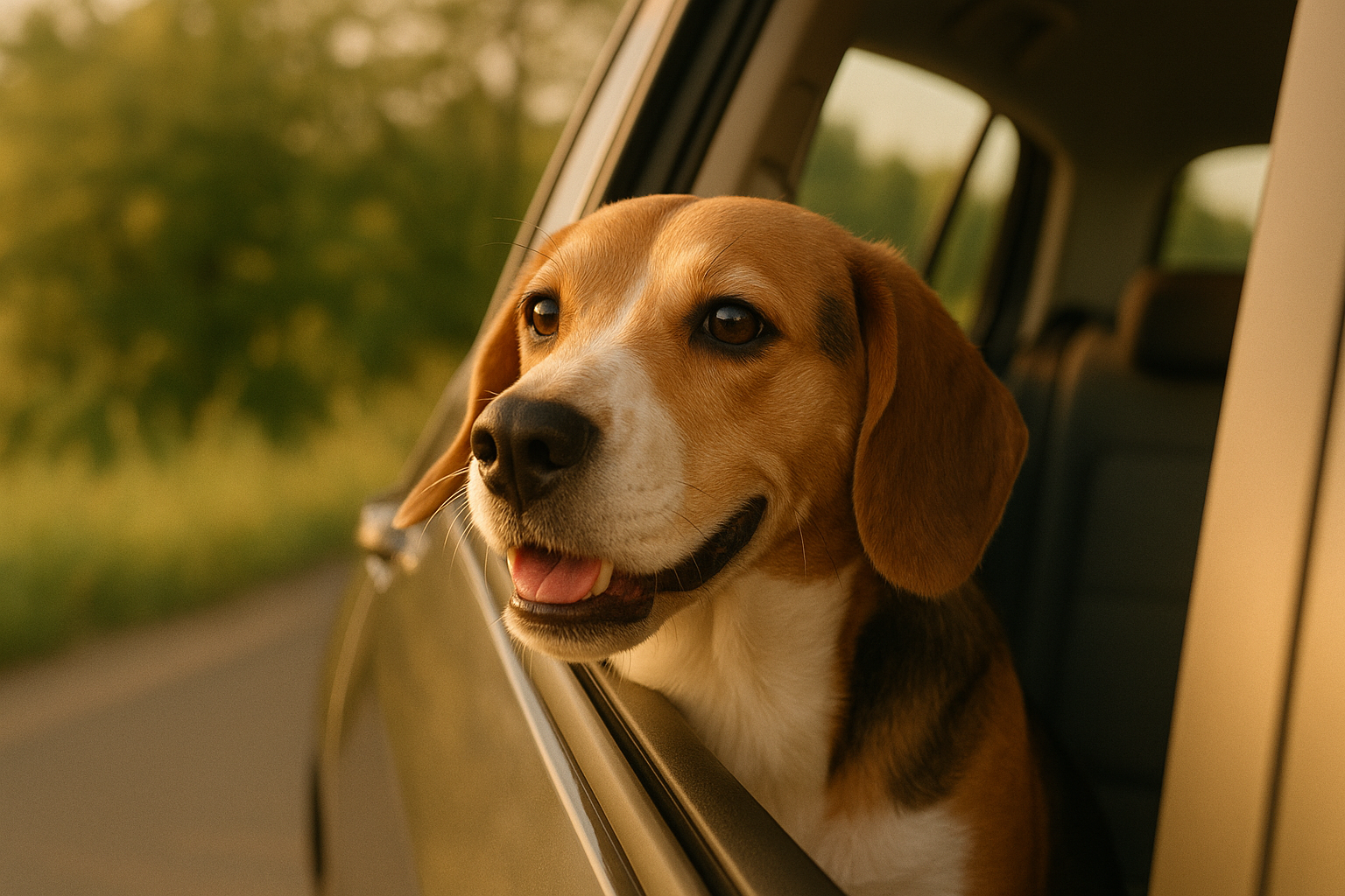 Image of a happy beagle-mix dog with soft brown eyes and floppy ears leaning toward a partly open car window, warm golden afternoon light streaming in, gentle breeze ruffling the fur around the muzzle, relaxed and joyful expression, blurred green scenery passing in the background, clean modern car interior, natural warm color grade.