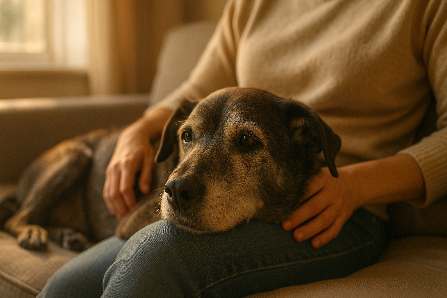 A gray-muzzled senior mixed-breed dog resting its head on a person's lap on a sunny couch, soft warm window light, peaceful and affectionate mood.