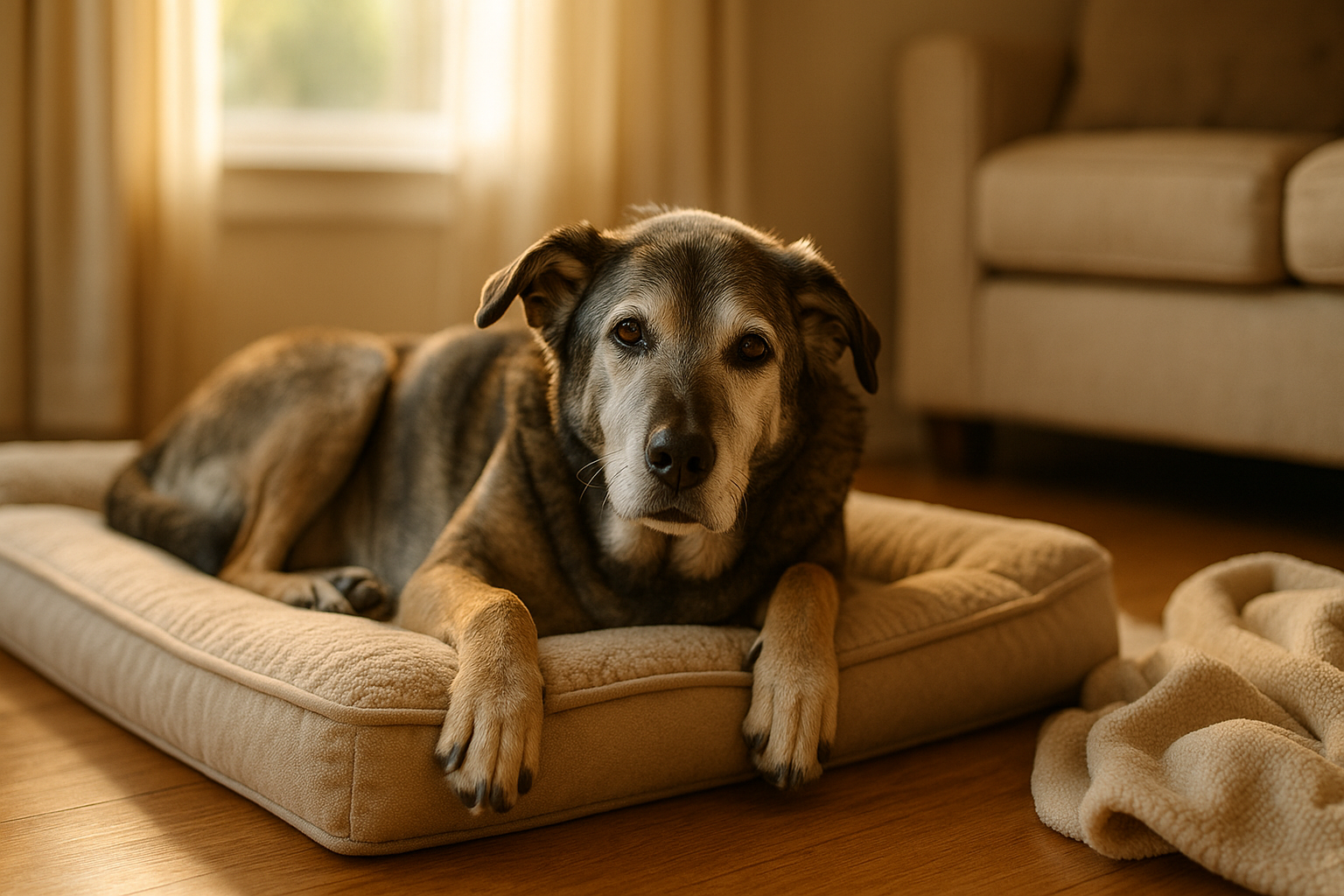 Image of a gray-muzzled senior mixed-breed dog resting comfortably on a plush orthopedic dog bed in a cozy sunlit living room, soft eyes, relaxed body, content expression, warm natural morning light streaming through a window, soft blanket nearby.